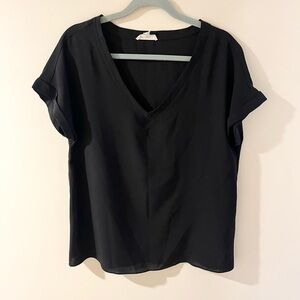 Ee:some black chiffon blouse womens black drapey top shirt v neck